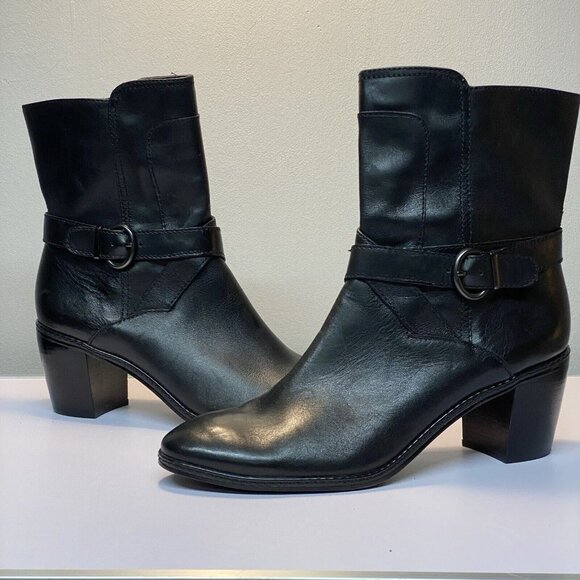 Joan and David Shoes - Circa Joan & David Sz 9 M Black Leather 2.5" Heel Zip Ankle Boot Bootie Buckle